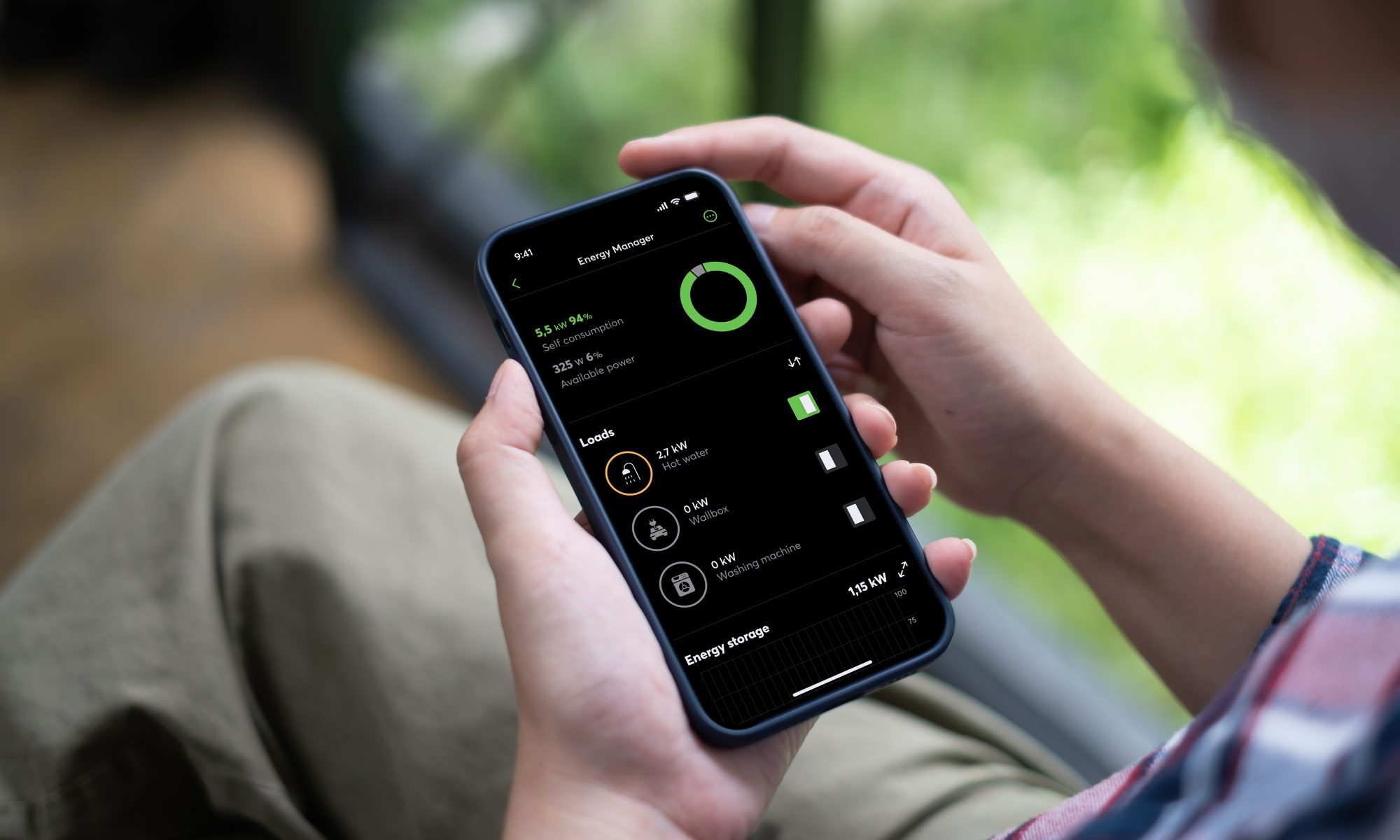 Smart home control panel displaying energy management and automation controls